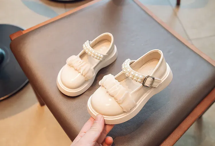 Girls Leather Kids Mary Jane Glossy Pearls and Bow Solid Color Kidsnest Baby Casual Princess for Children Party Wedding_desvips.com