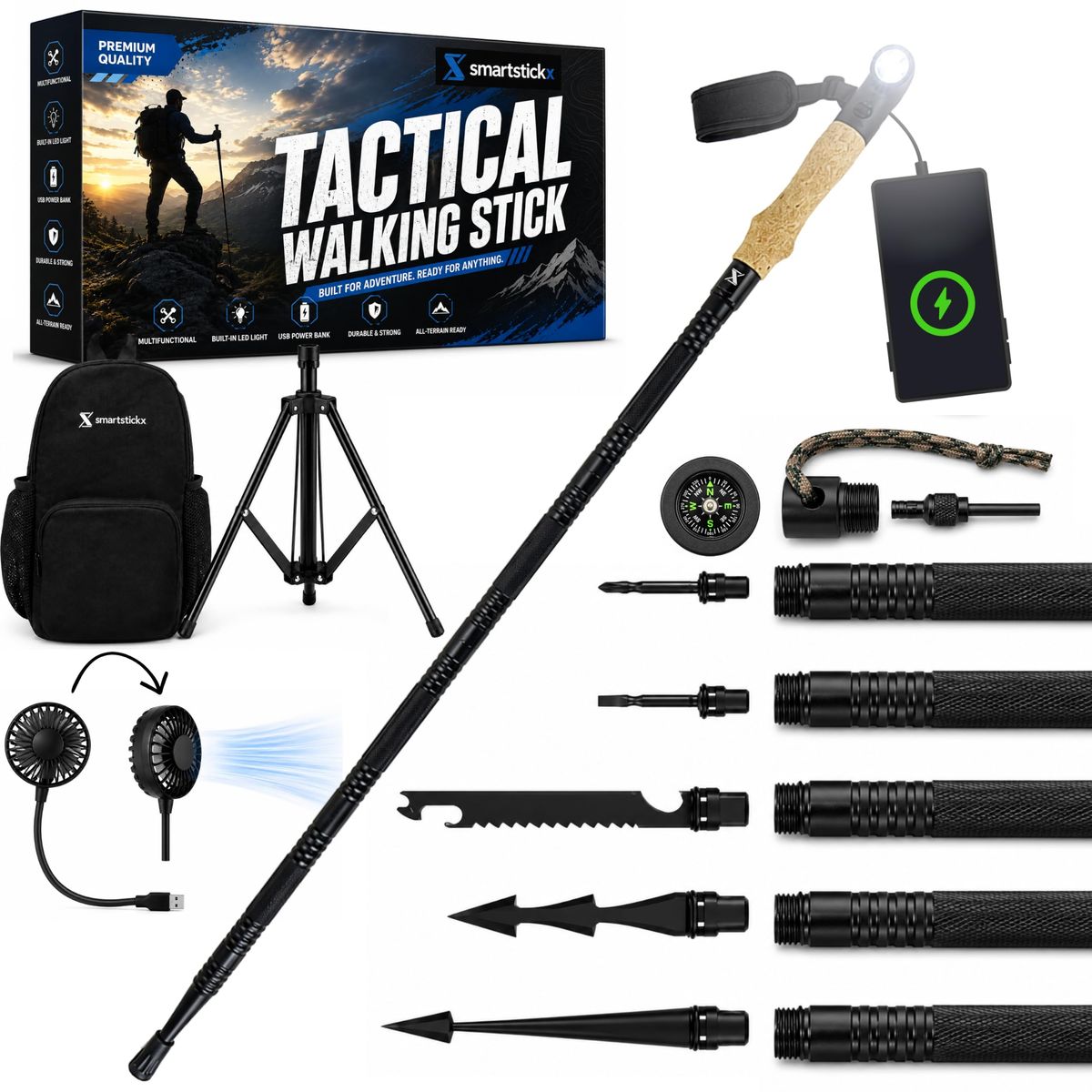 Tactical Hiking And Walking Stick Survival Multi-Tool With Light And Power Bank_desvips.com