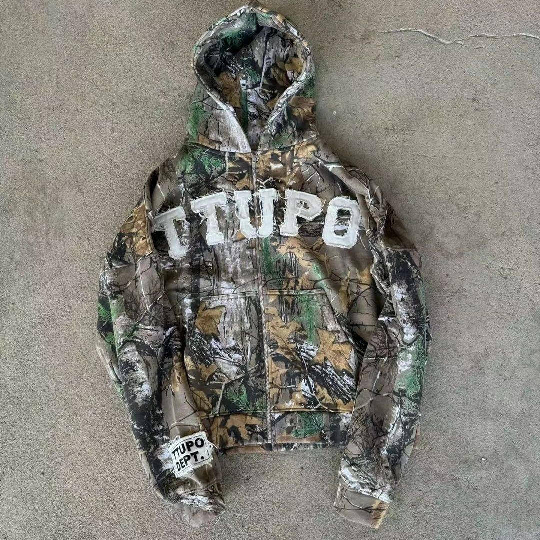 New American Style Trendy Brand Washed Camouflage Cardigan Zipper Sweatshirt Jacket Versatile Letter Casual Loose Fit_desvips.com