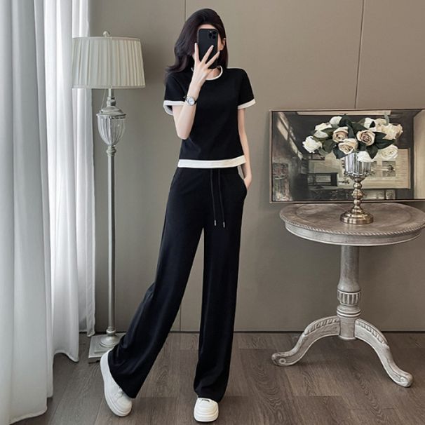 Imitation Cotton Fashion Short-Sleeve Sports Suit For Women, New Summer Black White Patchwork Round Neck T-Shirt And_desvips.com