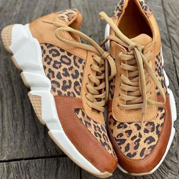 Womens Leopard Print Chunky Sneakers Leather Fabric Upper Lace Up Design Non Slip Thick Sole For Streetwear And Daily_desvips.com