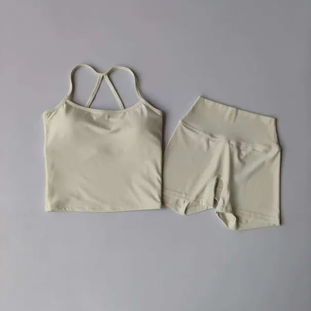 Yoga Gym Set Halter Top Set Yoga High Waist Shorts Set Backless Tights Bra Vest Seamless Stretch Ribbed Buttocks Lift Shorts Set_desvips.com