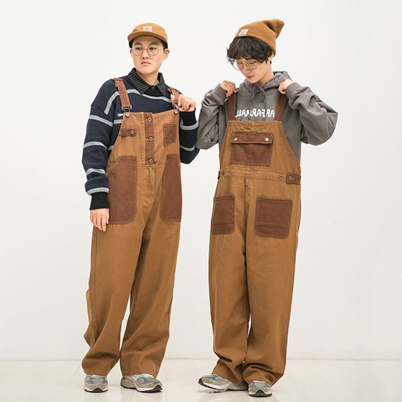 Japanese Style Pure Cotton Suspender Retro Orange Brown Color Block Unisex Overalls Men And Women Couple Loose Straight_desvips.com
