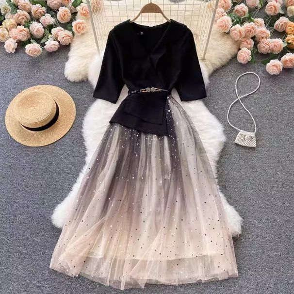 Women's Clothing new mesh dress female design sense splicing slim waist medium length first love fairy dress_desvips.com