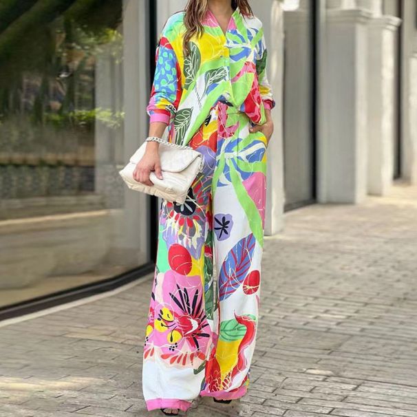 Women's Style Printed Loose Long Sleeve Wide Leg Pants Fashion Suit_desvips.com