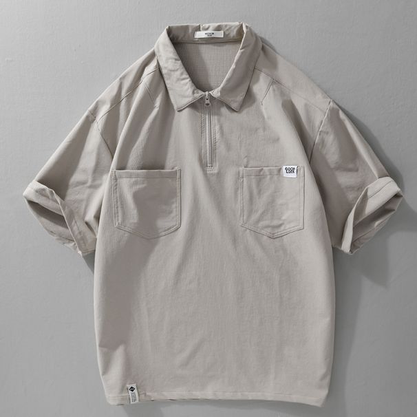 Retro Mountain Style Workwear Men's Short Sleeved Trendy Summer Quick Drying Breathable Shirt Collar With Half Zipper_desvips.com