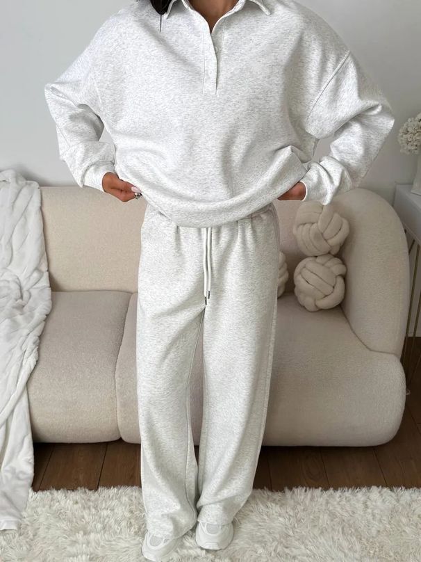Women's Active Sets Casual Sports Suit For Women, Solid Color, Long Sleeved, Button Down Lapel Pullover, Sweatshirt, Lace Up Pants, Two Piece Suit_desvips.com