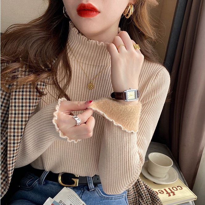 Women's Fleece-Lined Knit Sweater Semi-Turtleneck Winter Warm Pullover Soft Comfortable Casual Tops_desvips.com