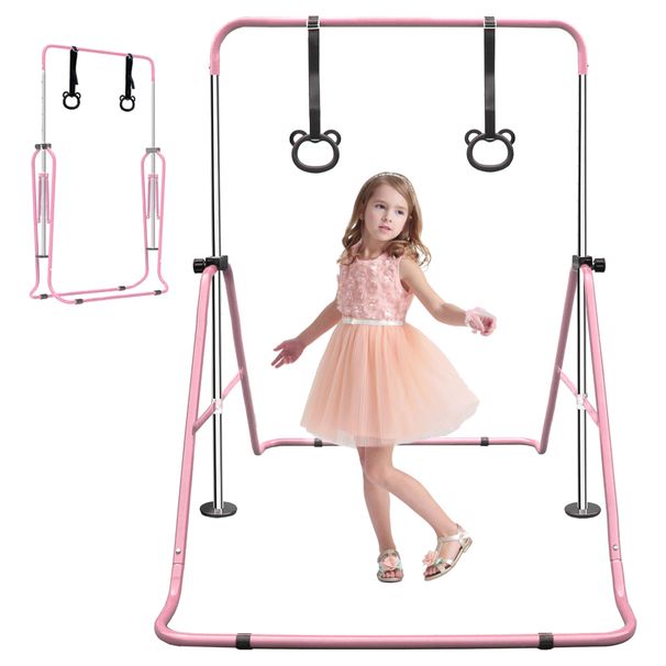 Expandable Gymnastics Bar For Kids - Height Adjustable Junior Training Bar For Home, Folding Gymnastic Horizontal Bars Equipment Pink_desvips.com