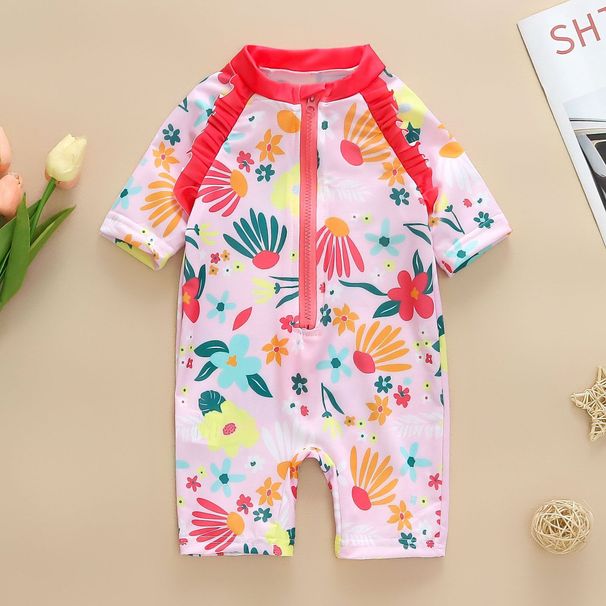 Cross-border Clothing: Girls' Floral Print Baby Girl's Ruffled One-piece Swimsuit, Children's Swimwear_desvips.com