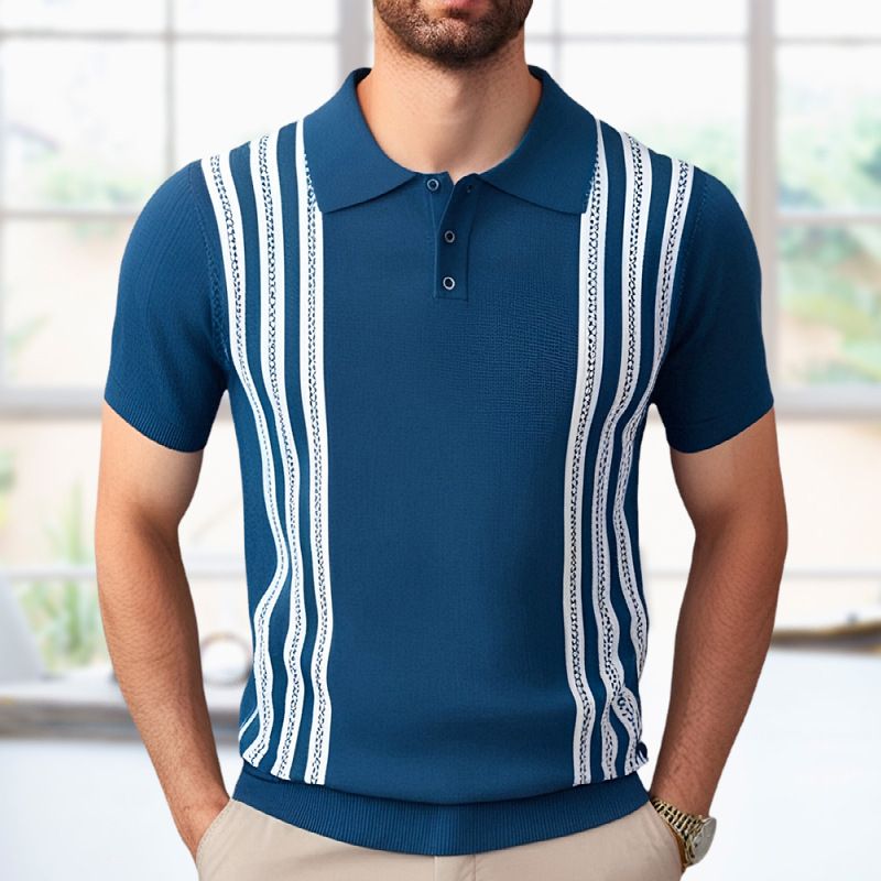 Men's Clothing Summer Short Sleeve Knitwear Black Striped Business Casual Polo Shirts_desvips.com