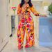 Women's Fashion Print Two-piece Suit Lapel Tie Shirt Wide Leg Pants Suit_desvips.com