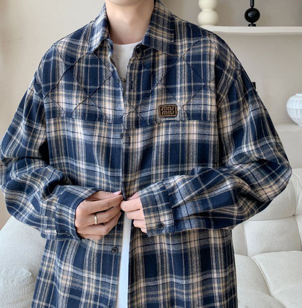 Plaid Shirt Men's Spring And Autumn Casual Loose Long-sleeved Tops Teenager American Trendy Retro Loose Jacket_desvips.com