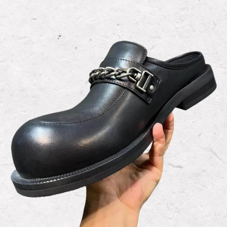 British Style Big Head Men's Derby Shoes Genuine Leather Trendy Metal Chain Round Closed Toe Slippers_desvips.com