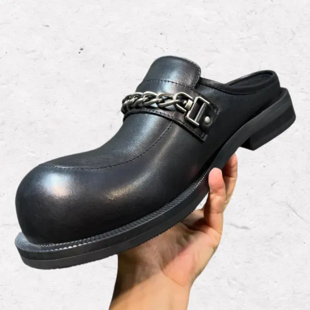British Style Big Head Men's Derby Shoes Genuine Leather Trendy Metal Chain Round Closed Toe Slippers_desvips.com