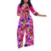 Women's Fashion Print Two-piece Suit Lapel Tie Shirt Wide Leg Pants Suit_desvips.com