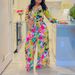 Women's Fashion Print Two-piece Suit Lapel Tie Shirt Wide Leg Pants Suit_desvips.com