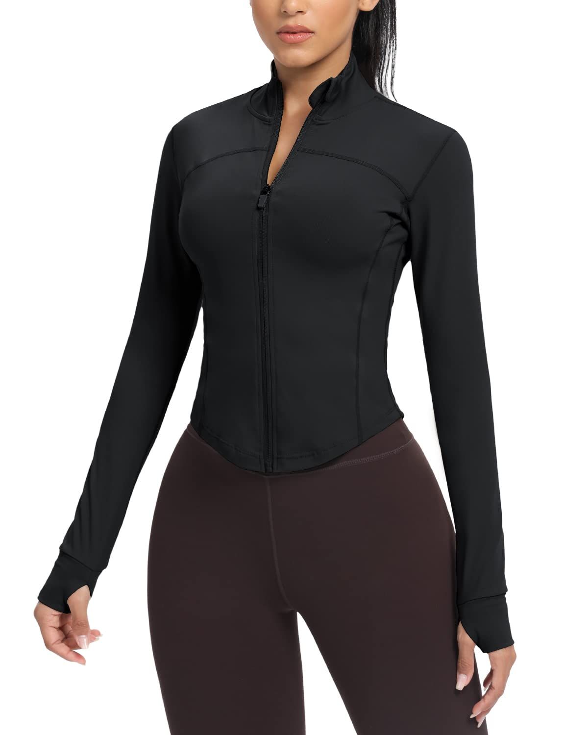 AVGO Women's Cropped Running Workout Jacket Zip Slim Fit Athletic Top With Thumb Holes_desvips.com