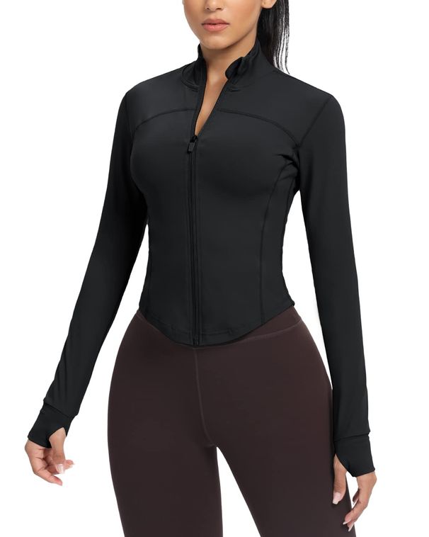 AVGO Women's Cropped Running Workout Jacket Zip Slim Fit Athletic Top With Thumb Holes_desvips.com