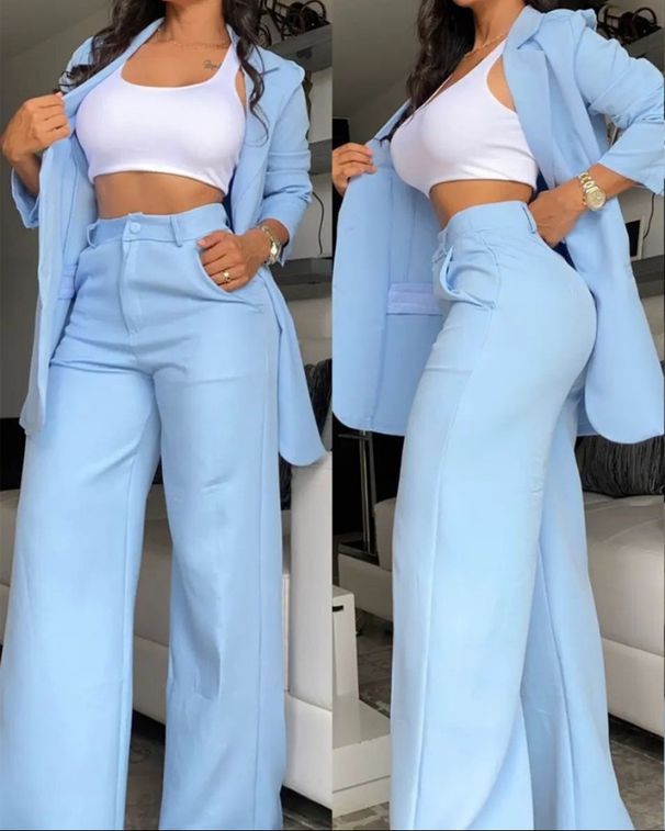 Women's Clothing, Elegant And Solid Color Split Sleeve Lapel Suit With Pockets And Straight Pants Suit_desvips.com