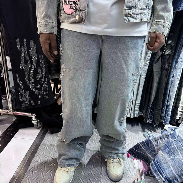 Street Style Straight Loose Fit Unisex Washed Denim Pants Spring Autumn American Trend Personality_desvips.com