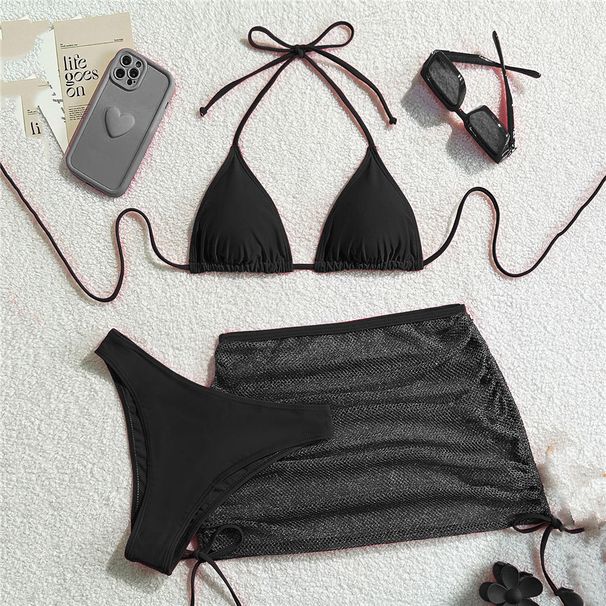 Solid Brown Swimwears String Halter Triangle 3 Piece Bikini Set Sexy Swimsuit Women 2026 Mesh Skirts Bathing Suit_desvips.com