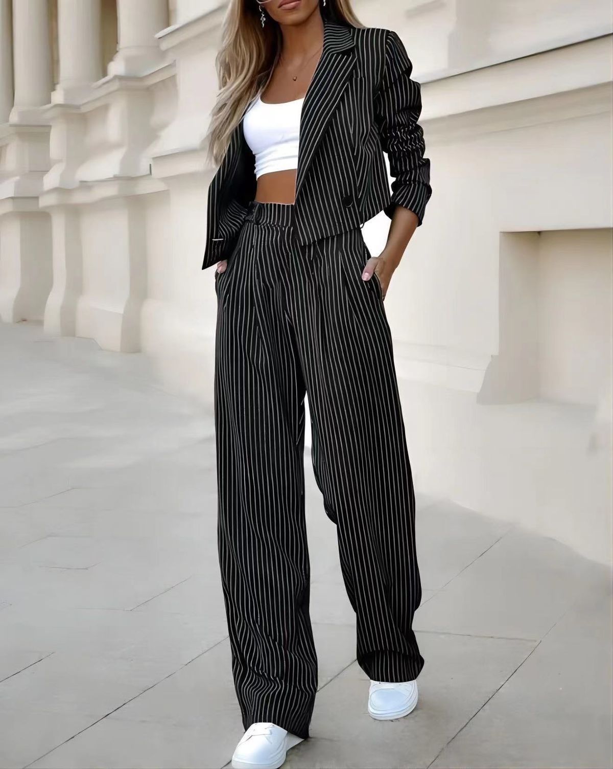 Women's Clothing temperament casual striped short lapel suit straight pants suit_desvips.com