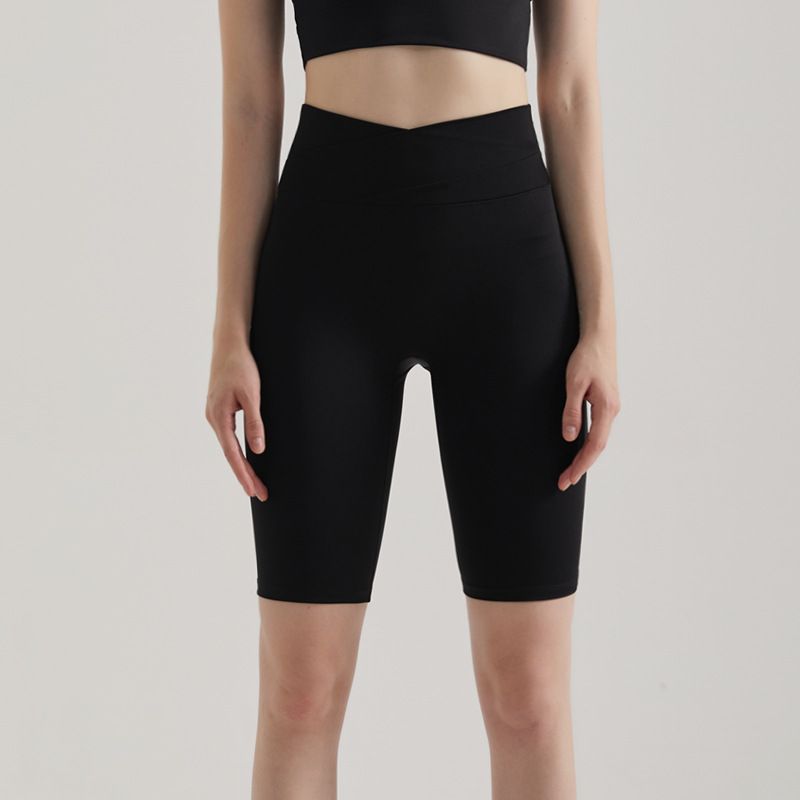 Women's High Waist Yoga Pants Color Block Crossover Hip Lifting Slimming Tight Fitness Outfit Red Five Point_desvips.com