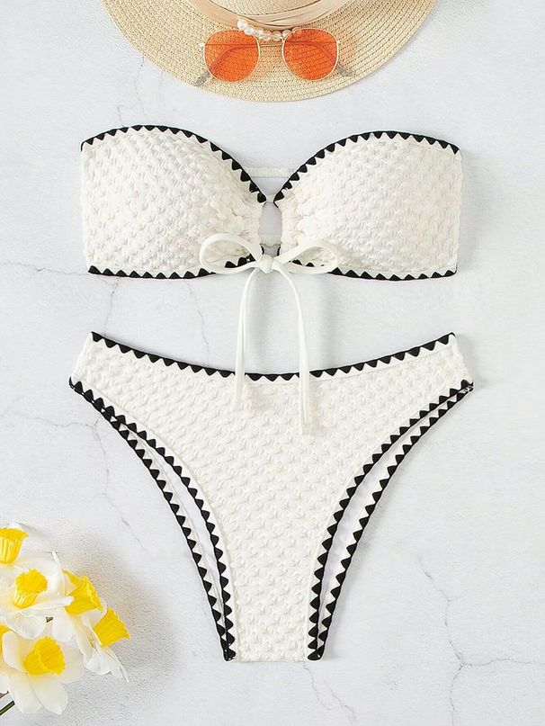 Swimwear White 2 Piece Strapless Swimsuit For Women Sexy Bandeau Backless Bikini Set Lace-up Patchwork Bathing Suit 2025_desvips.com