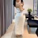 women's clothing retro washed distred halter neck svel lapel raw edge denim top slit slim skirt two piece set_desvips.com