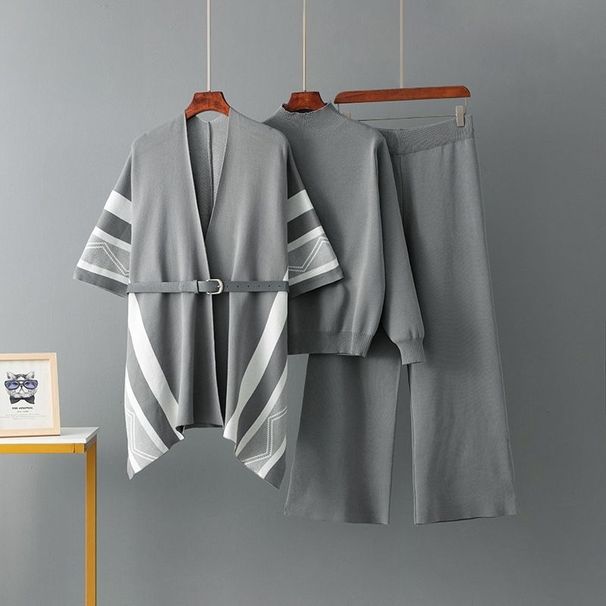 2025 Autumn Winter New European And American Style Shawl Knitted Sweater Thin Wide-Leg Pants Three-Piece Set Coat_desvips.com
