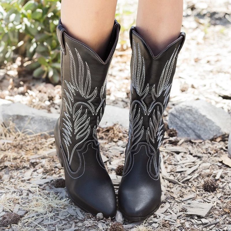 Plus-size women's boots Western cowboy boots with ethnic style square head PU leather boots_desvips.com