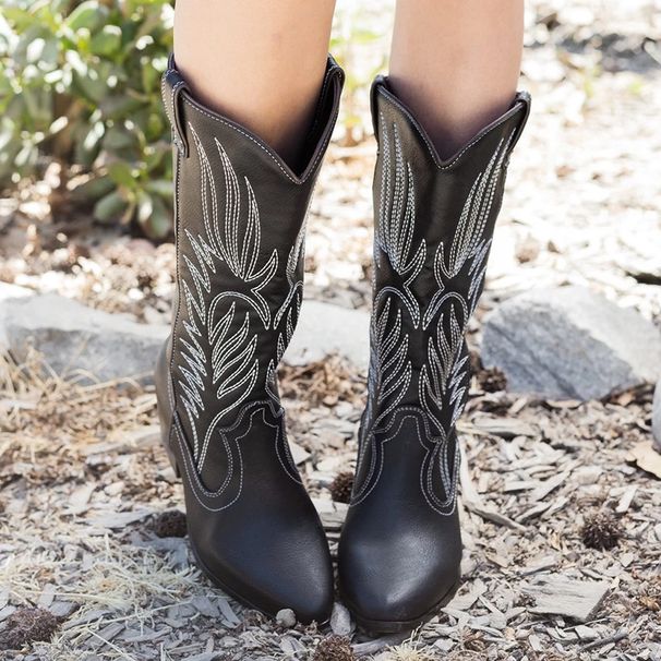 Plus-size women's boots Western cowboy boots with ethnic style square head PU leather boots_desvips.com