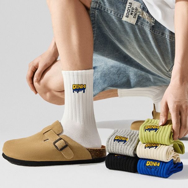 6 Pairs Spring Autumn Sports All Antibacterial And Odorous Youth Cotton Large Size Letter Men's Middle Socks_desvips.com