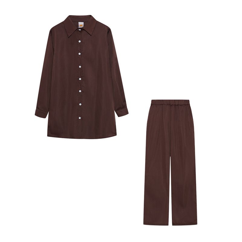 Women's Clothing long sleeved temperament commuter skin color linen solid color slit long shirt and wide leg pants set_desvips.com