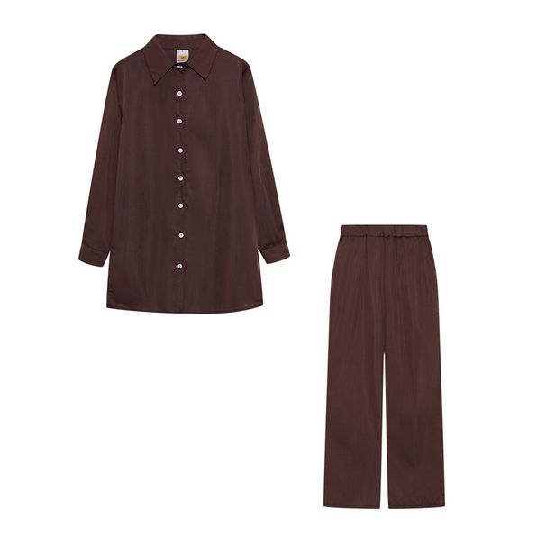 Women's Clothing long sleeved temperament commuter skin color linen solid color slit long shirt and wide leg pants set_desvips.com