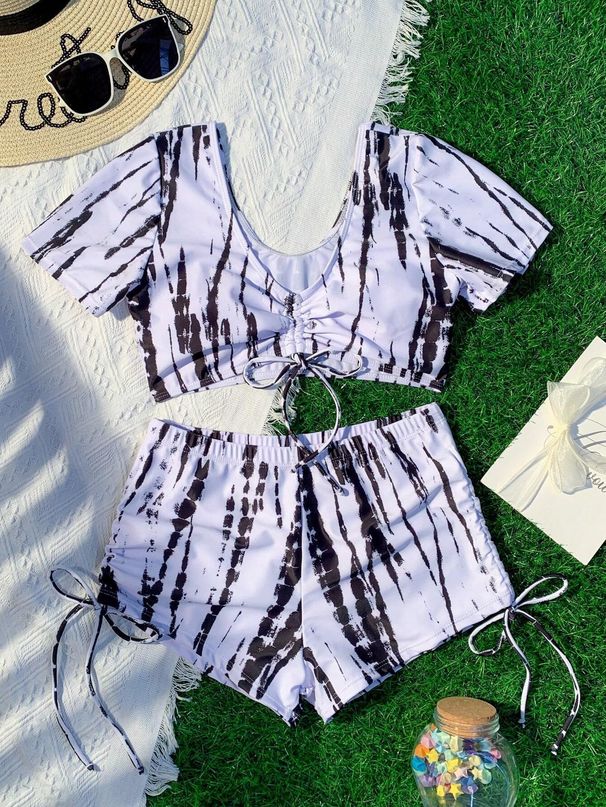 Women's Two-piece Swimsuit Black And White With Crew Neck Boxers Swimsuit Set_desvips.com