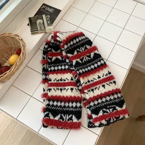 Black And Red Personality Fair Isle Retro Long Plush Scarf Christmas Autumn Winter Warm Fashionable Neck Warmer_desvips.com