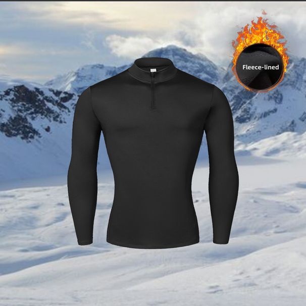 Stand Collar Fleece-Lined Thermal Underwear For Men, Breathable Outdoor Sports Top, Running Fitness Wear, Slim Fit Long_desvips.com
