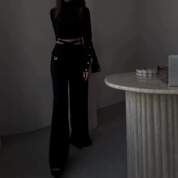 Women's clothing border high collar solid color navel exposed sweet and spicy loose wide leg suit for women_desvips.com