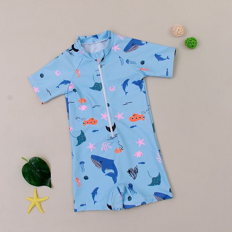 Mother & Kids New Style Boy's One Piece Swimsuit Short Sleeve Zipper Shark Pattern Children's Swimsuit Comfortable High Elastic High Quality Swimsuit_desvips.com