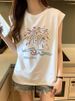 White Sports Vest For Women With Cartoon Print, Loose Design, Niche Sweet Cool Mid-Length Sleeveless T-Shirt Top Chic_desvips.com