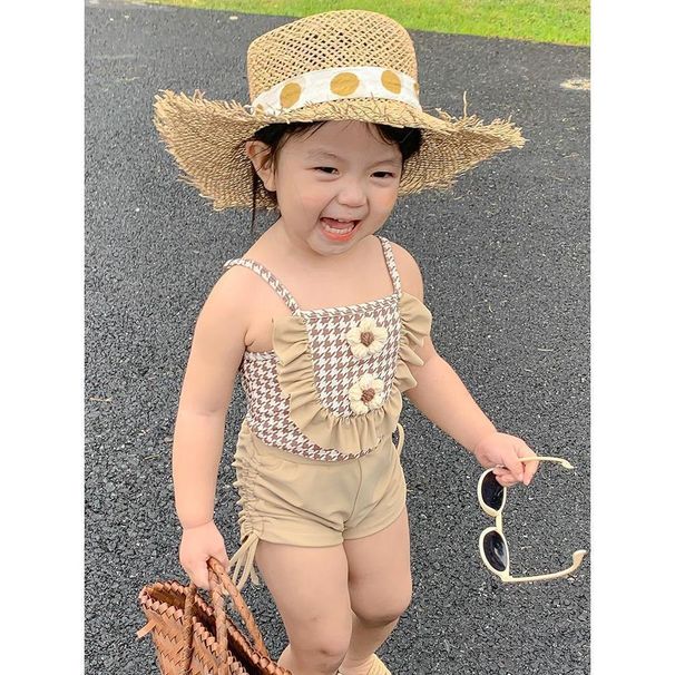 Girls' 2025 New Fashionable Baby Girl Stylish Strap Internet Celebrity Summer Children's Swimsuit Pants Coffee Color_desvips.com