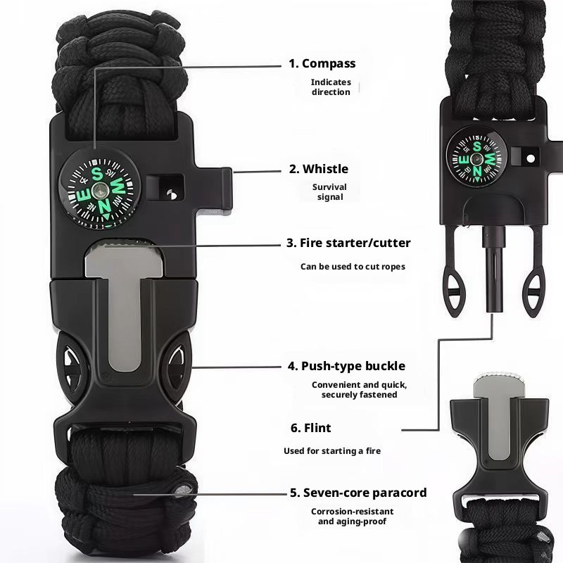 Outdoor Braided Bracelet Survival Whistle Blade Flint Large Compass Seven-Core Paracord_desvips.com