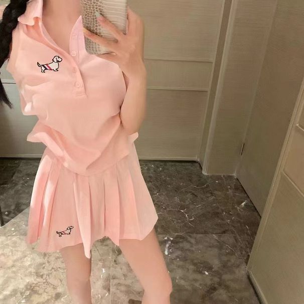 TB Academy Style Puppy Embroidery Fashion For Women Sleeveless Polo Knit Top + Pleated Skirt Chic Two-Piece Set_desvips.com
