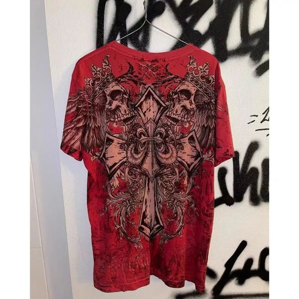 2025 New Short Sleeve Cross Skull Print T-Shirt Versatile Trendy Crew Neck Top_desvips.com