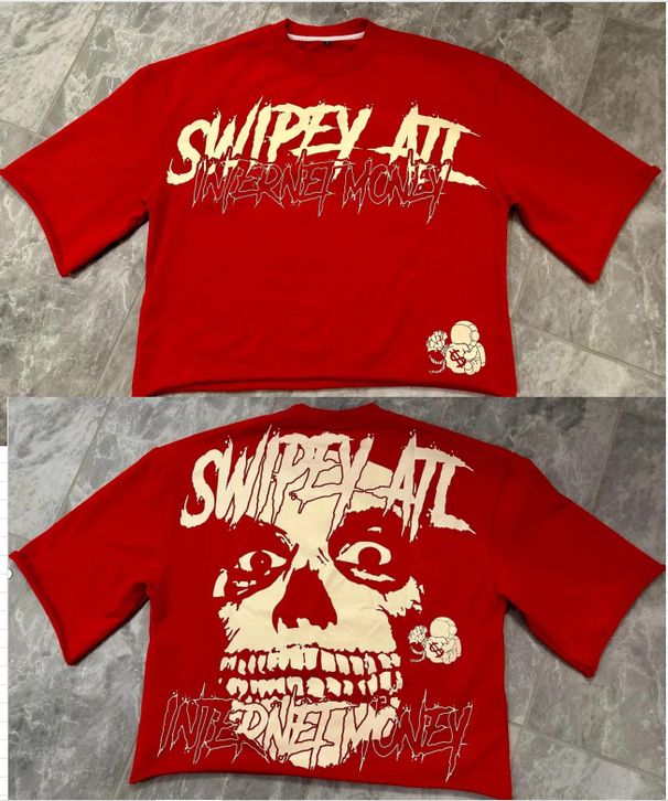 2025 New Seven-Quarter Red Harajuku Style SWIPEYATL Skull Short Sleeve Fashion Round Neck T-Shirt_desvips.com