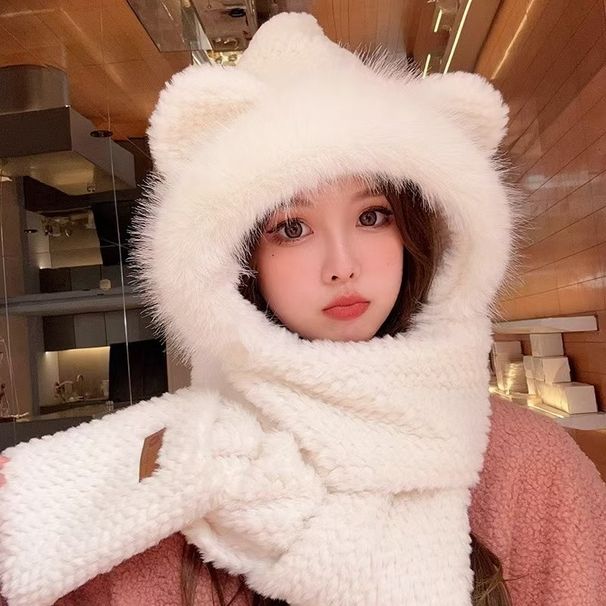 LazyZoom Autumn Winter Bear Ears Plush Scarf Combo For Women Cycling Warm Versatile Mask Ear Protection Neck Warmer Hat_desvips.com