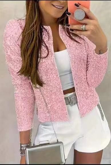 Women's round neck long-sleeved solid color cardigan casual versatile sequined jacket_desvips.com