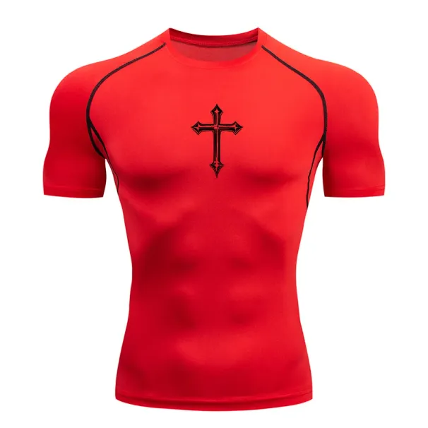 Cross Print Compression Shirt For Men Christian Athletic Tshirt Tees Tops Gym Workout Running Baselayers Undershirts_desvips.com